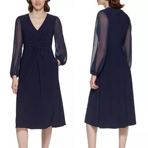 Jessica Howard Navy Blue Chiffon Sleeve Midi Dress